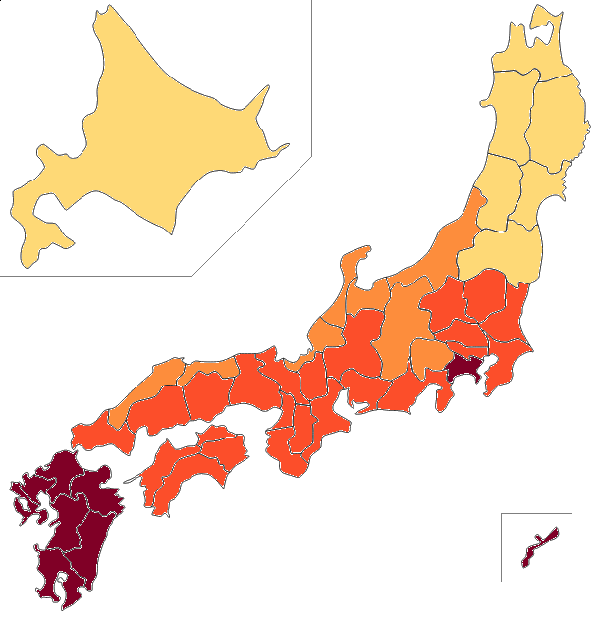 Map of Japan with prefectures shaded by relative outbreak-risk class. Kyushu, Okinawa and Kanagawa (in Kanto) are deep red (highest); the rest of Shikoku, Kinki, Tokai and Kanto are orange-red; Hokuriku, Koshin and San'in are orange; and Tohoku and Hokkaido are pale yellow.