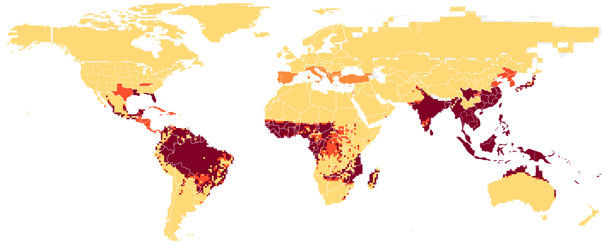 Near-global outbreak-risk map. In addition to the United States (by state) and China (by province), Africa, South America, Canada, Mexico, Europe, the Middle East, Central Asia, Russia, Australia, South Asia and Japan are resolved by a climate grid, with risk ranging from deep red (high) to pale yellow (low). Equatorial and West Africa, the Amazon, South and Southeast Asia and India are deep red (high). Temperate, boreal and arid zones — Europe (including Scandinavia), Canada, Russia, the Middle East, Central Asia, Mongolia, Patagonia, the Sahara — are uniformly pale yellow (low). Southern Europe/the Mediterranean is orange (local). Greenland, Alaska and New Zealand are now also assessed and are all pale yellow (low). Nearly the entire land surface is assessed; the remaining white is water bodies only.